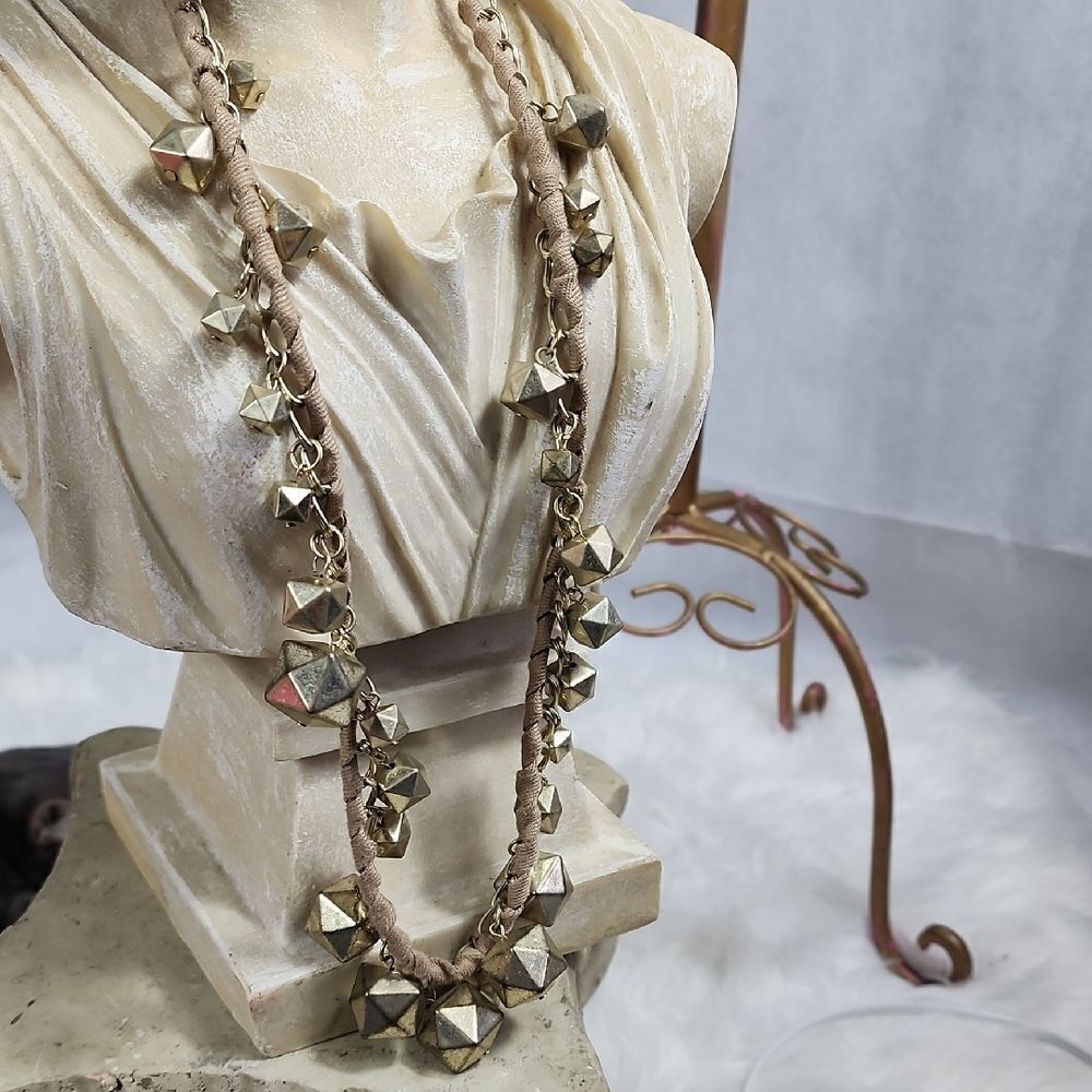 Chunky Distressed Geometric Beaded Necklace on Tan Ribbon Cord